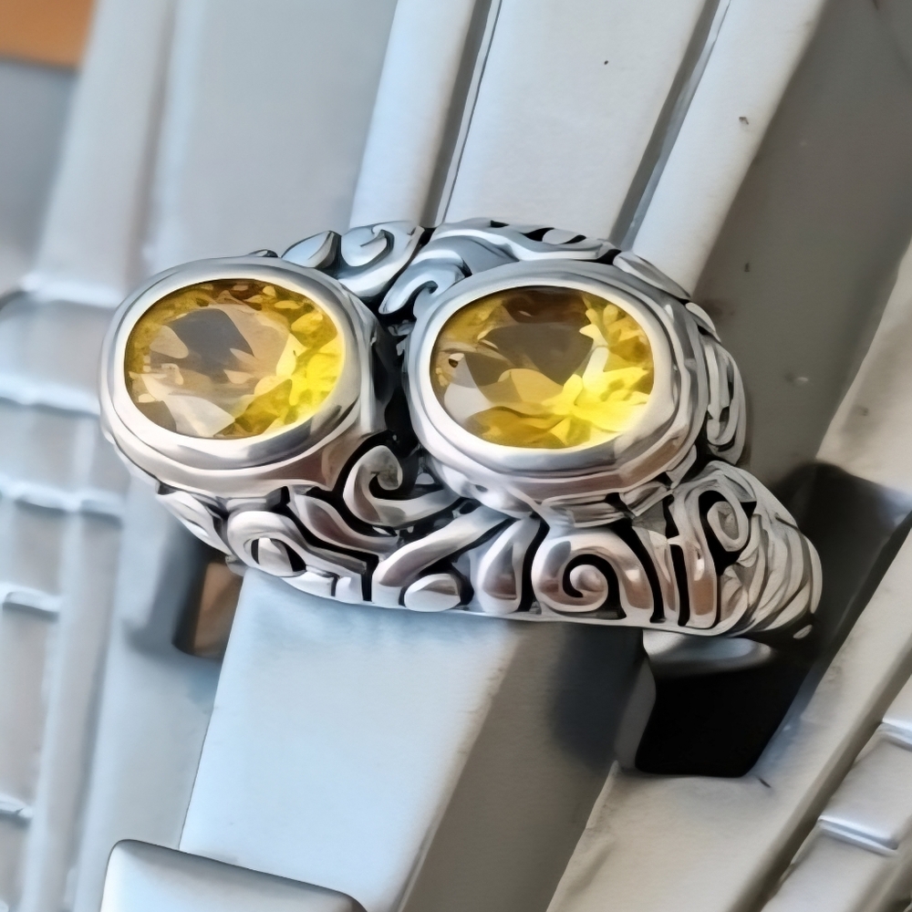 Signed KC 925 Sterling Silver Double Citrine Ornate Scroll Ring Size 7 Vintage